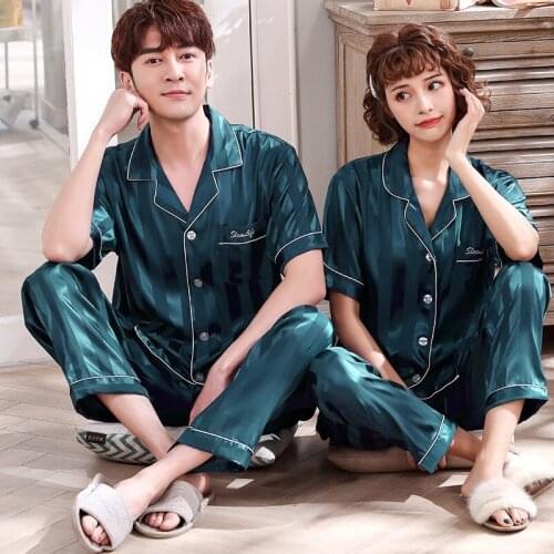 Lovers Women Men Striped Satin Pajamas Set 2PCS Short Sleeve Pants Plus Size Pyjamas Suit Couple Sleepwear Nightwear