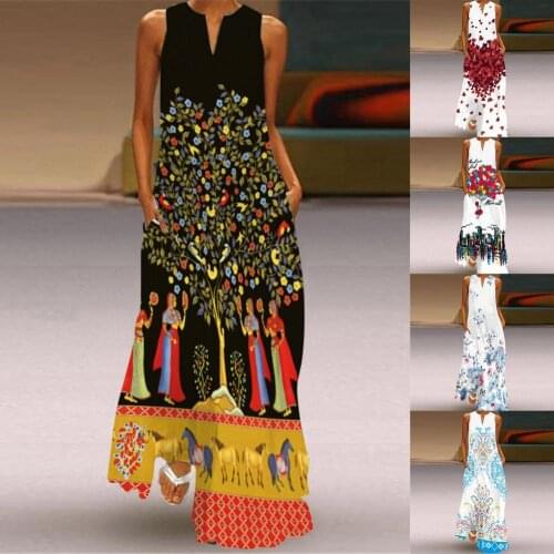 Summer Women Dress Sleeveless Digital Floral Print V Neck Pockets Loose Maxi Dress for Party Ladies Casual Fashion Beach Dress