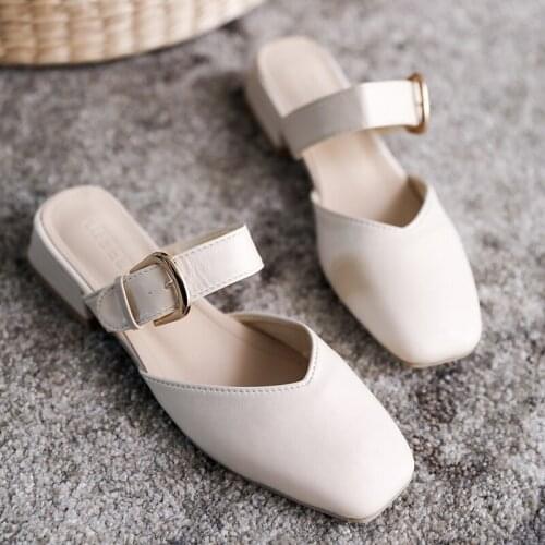 2021 New Elegant Round Toes Mules Women Fashion Summer Shoes For Women Slip-On Slippers Outside White Heels Sandals Ladies Slide