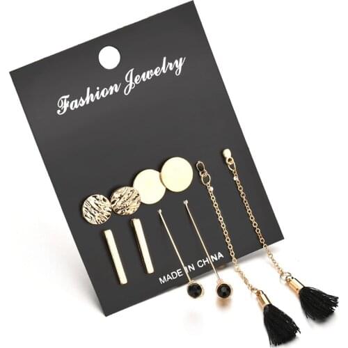 New Ear Nail Set Gold Color Plated Round Sequin Geometric Stud Earrings Women Fashion Exquisite Tassel Chain Earrings Jewelry
