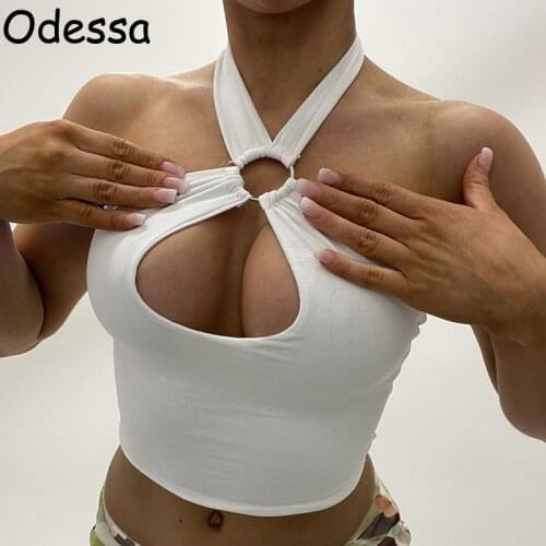 Odessa 2021 White Sexy Ring Hollow Halter Neck Crop Top Women Black Sleeveless Backless Party Club Outfit Summer Y2K Tops Tanks