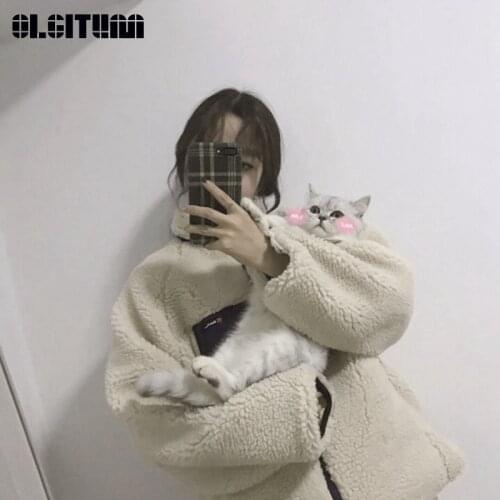 Winter/Autumn New Chic Loose Zipper Pocket Thick Lamb Fur Cotton Coat Female Winter Jacket Warm Mujer Casaco