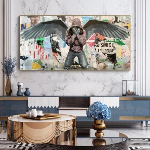 Crying Hooded Man Collage Graffiti Street Art Canvas Painting On Wall Art Angel With Black Wings Posters And Prints Picture