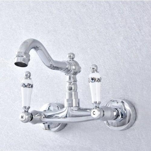Polished Chrome Brass Wall Mounted Bathroom Sink Basin Faucet Dual Handle Swivel Spout Hot Cold Water Tap Lsf771
