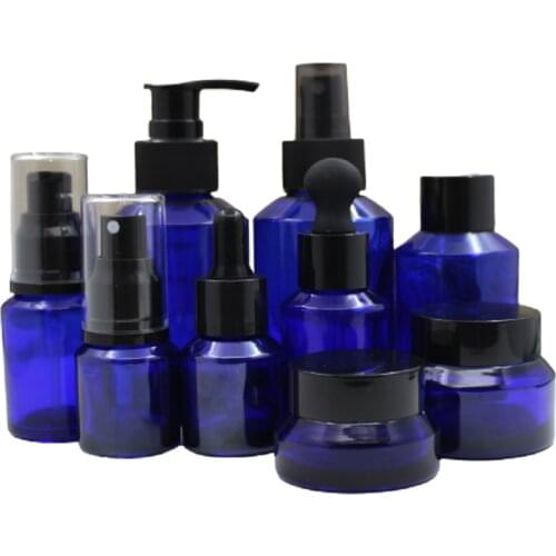 15G 30G 50G Empty Blue Glass Cream Jar 30ml 15ml Dropper Essential Oil Vial 60ml 100ml Spray Lotion Pump Toner Refillable Bottle