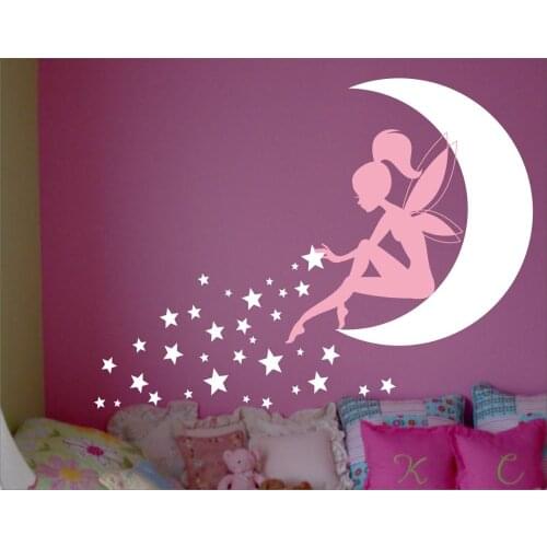 Fairy Blowing Stars Wall Decal Fairy with Pixie Dust Stars Wall Sticker Baby Nursery Wall Art Murals Vinyl Stickers B253