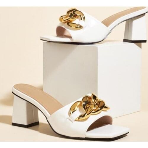 Summer Womens Shoes 2021 Fashion Outside Wear Ladies Slides New Thick High Heel Metal Chain Elegant Sexy Female Slippers