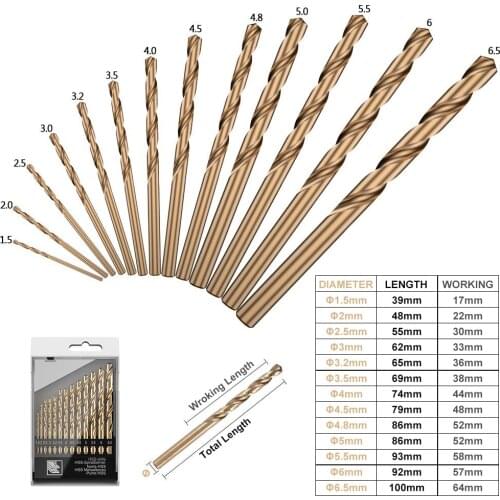 13Pcs/Set 1.5-6.5mm High Speed Steel Twist Drill Bit M35 HSS Cobalt Coated Gun Drill Bit For Wood Metal Hole Cutter Power Tools