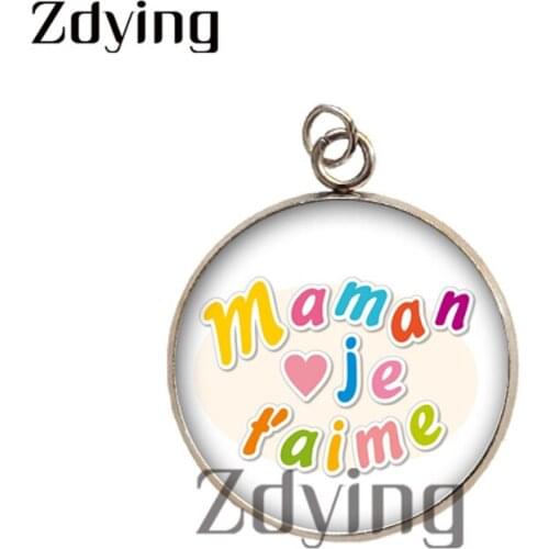 Zdying New Arrival 2pcs/lot Glass Cabochon Je t'aime Maman Charms Stainless Steel Pendants Jewelry Charm Accessories JE011