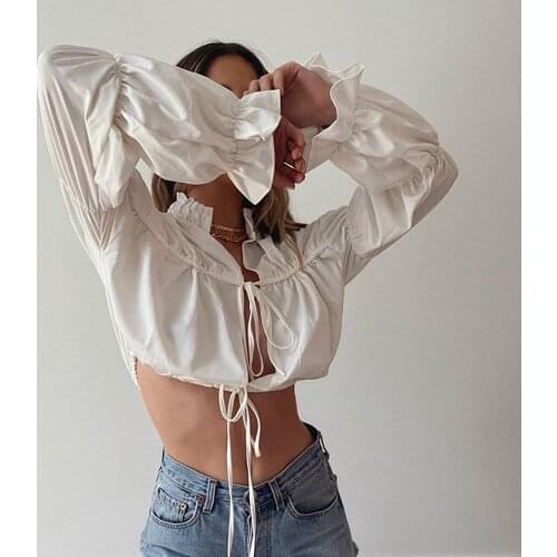 Womens White Long Sleeved Shirt Fashion Sexy Low Cut Ruffle Collar Bow Lace-Up Strap Crop Top T-Shirt 2021 Summer Hot Sale