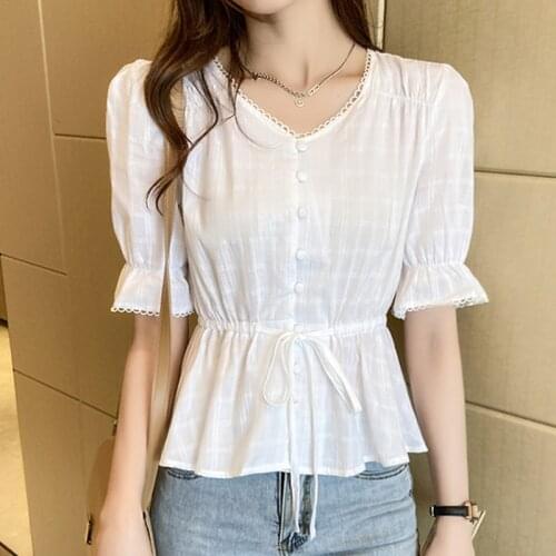 Shintimes Thin White Shirt Woman Flare Sleeve Short Korean Fashion Clothing 2021 Summer Tops Pullover Button Folds Women Blouse