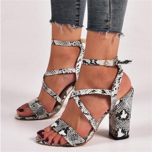 Women sandals PU Buckle Strap 8CM Thick heel High heels Round Toe Serpentine Shallow women shoes sandalias mujer 2020 size 35-42