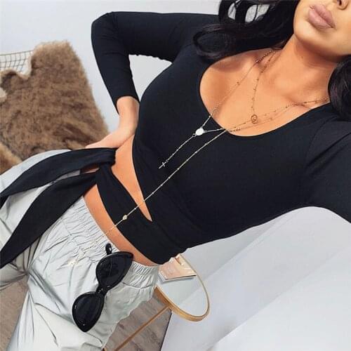 Women Crop tops Sexy Solid Long Sleeve Square Neck Slim T Shirt Tops Autumn Summer Bandage Bow Pullover Clothes Casual Club 2020