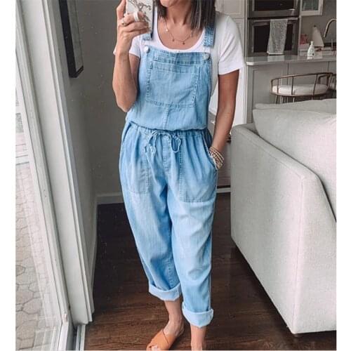 One Piece Denim Jumpsuit for Women Vintage Sleeveless Spaghetti Strap Solid Jeans Overalls Ladies Casual Jean Bodysuits