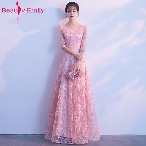 Beauty Emily Elegant Pink Long Evening Dresses 2019 Lace Zipper Party Maxi Dress Formal Prom Party Dresses