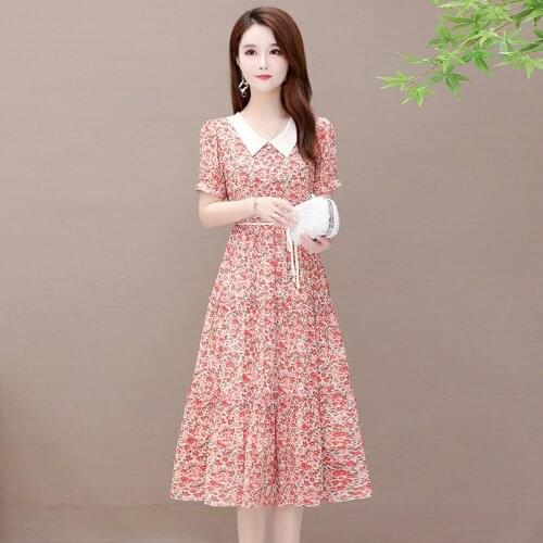 Women Dresses Summer 2021 Chiffon Vestido Floral Mom Temperament Slim Sukienka Letnia Plus Rozmiar Sukienki 5XL A244