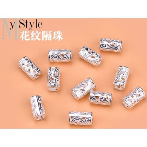 10pcsS925 Sterling Silver pattern hollow bead long barrel bead loose bead hand woven jewelry DIY accessories material bag