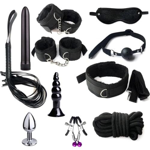 11Pcs/Set Sexy Bondage Whip Handcuffs Anal Plug Sex Toys Kit Adult Game Tools