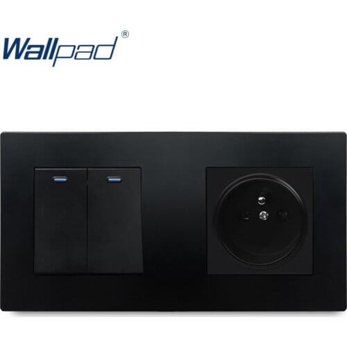 2 Gang 2 Way With EU French Socket Black Wallpad Luxury Wall Power Electrical Outlet Sockets PC Panel