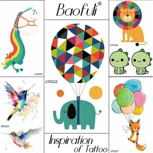 Baofuli Cartoon Elephant Ballon Temporary Tattoo Water Transfer Flash Fox Art Tattoo Hummingbird Fake Tattoo Body Arm Children