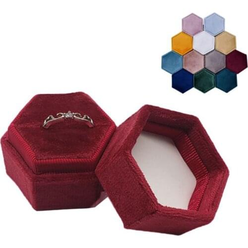 Velvet Single Ring Box Hexagon Valentines Day Ring Box with Detachable Lid 652B