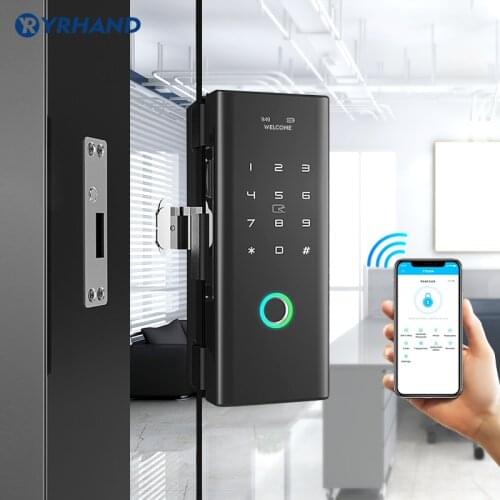 Ttlock app Wifi double sliding biometric fingerprint glass door lock for office without drilling
