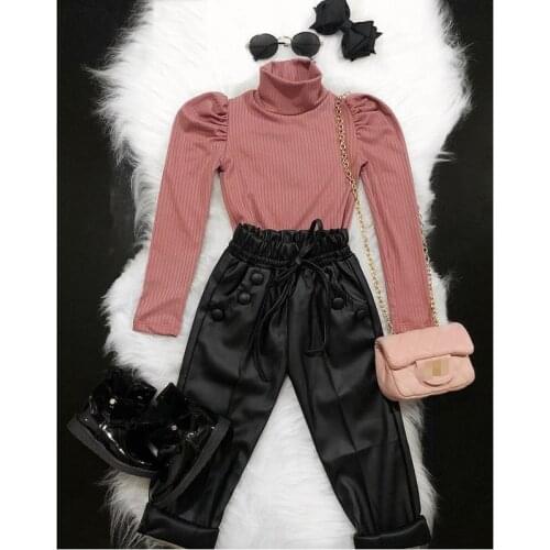 FOCUSNORM 2-7Y Fashion Toddler Girls Clothes Sets 2pcs Turtleneck Pullover Puff Sleeve Knit Tops PU Leather Pants