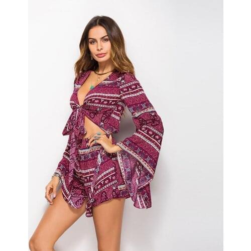 KL266 Boho Short Jumpsuit Wide Leg Summer Holiday Beach Romper Sexy V-neck Bandage Playsuit Women Jumpsuit