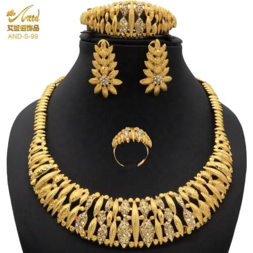 Dubai Gold Necklace Nigerian Jewelery Set European Earring Ring Womens Big African Ethiopian Wedding Fashion Bracelet Gifts