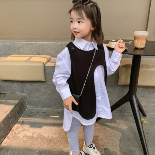 Girls Suit Long White Shirt with Fashion Sleeveless Cotton Vest Two-pieces 2021 Autumn New Baby Kids Long Sleeve Blouses Top Set