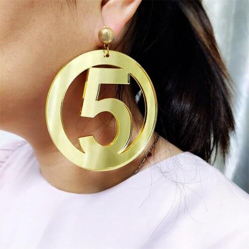 HipHop Trendy Hollow out Drop Earring for Women Big Small Number 5 Gold Mirror Acrylic Round Jewelry Accessories