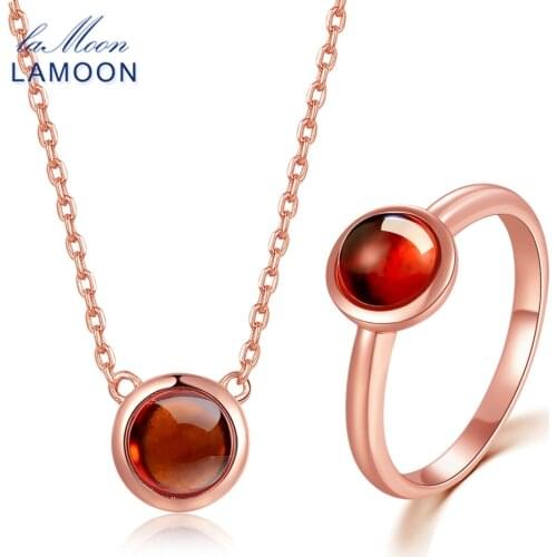 LAMOON 6mm 1.2ct 100% Natural Round Orange Red Garnet 925 Sterling Silver Jewelry S925 Jewelry Set V034-3