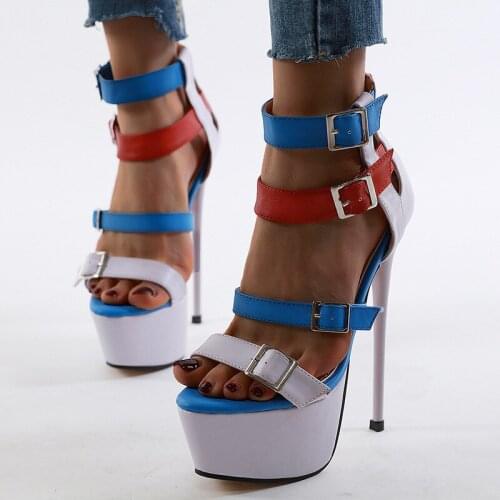 MHYONS Summer Classic Patchwork colour Rome Platform Sandals Women Cross-Strap Roman Thin High Heels Pumps Nightclub Party Shoe