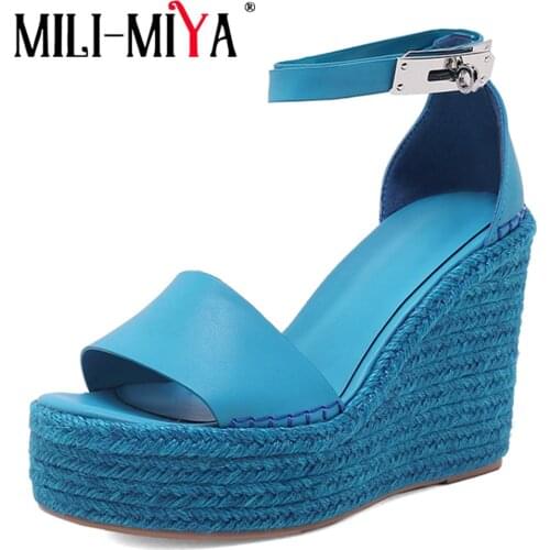 MILI-MIYA Summer Design Winding Straw Woven Ladies Thick Soled Genuine Leather Platfrom Wedge Sandals High Heels Buckle Shoes
