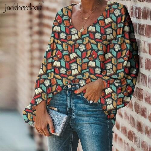 Jackherelook NEW Women Loose Chiffon Blouse Book Lovers/Teacher/Science Pattern Comfortable Tops Tee V-neck Female Clothig Mujer