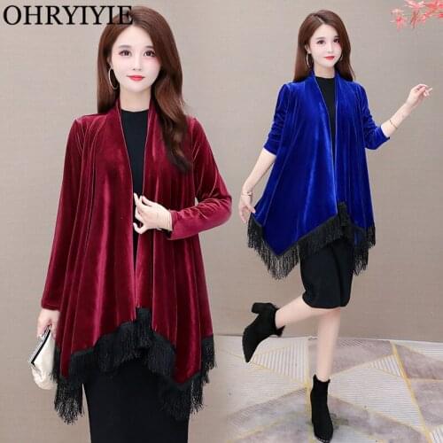 OHRYIYIE New Autumn Large Size Velvet Cardigan Women Sweater Poncho Lady Irregular Fashion Elegant Tassel Cardigans Coat Female