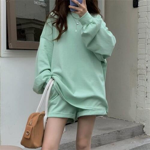 Alien Kitty Autumn Minimalist Stylish Sports Two-Pieces Sets Oversize Pullovers Sweatshirt 2021 Solid High Waist Wide Leg Shorts
