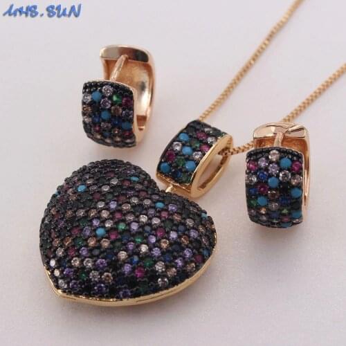 MHS.SUN New Arrival women AAA zircon heart pendant necklace fashion colorful cz crystal earrings jewelry set for female gift