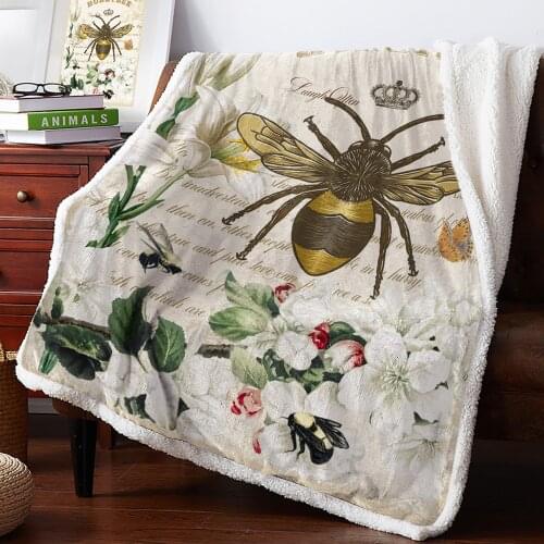Bee Azalea Retro Flower Print Blanket Double Velvet Home Sofa Sherpa Blanket For Beds Fleece Camping Blankets Quilt
