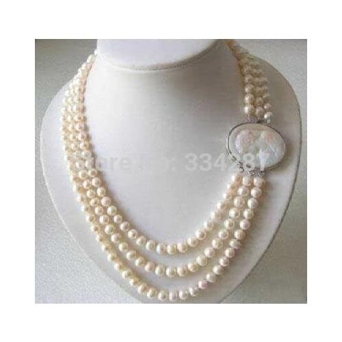 Genuine 3 Rows 7-8MM Freshwater pearl Necklace Cameo Clasp