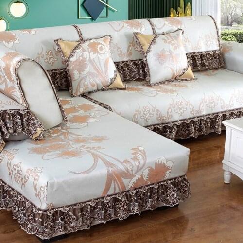 European Luxury Ice Silk Sofa Cover Brown Summer Cool Mat Exquisite Embroidery Lace Sofa Towel Cushion Pillow Case Sofa Set M2