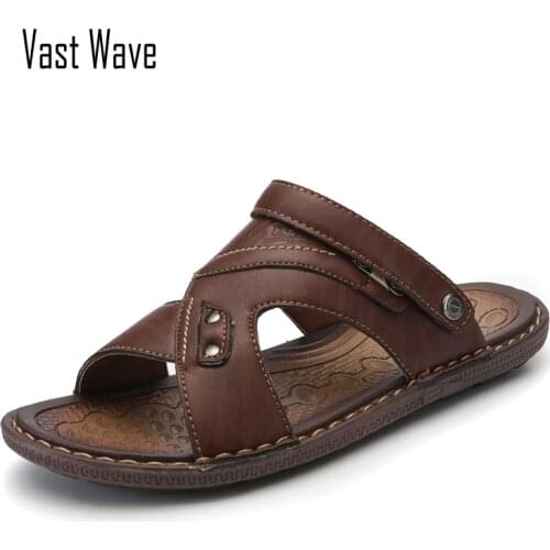 VASTWAVE Classics Summer Shoes Men Slippers Quality Split leather Sandals For Men Comfortable Flip Flops Men Beach Sandals