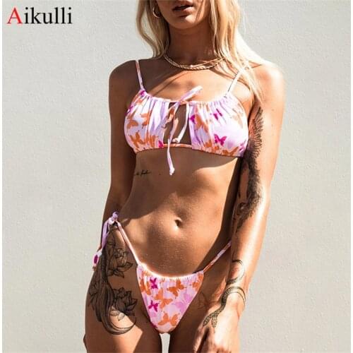 Sexy Thong Bikinis Set Push Up Womens Butterfly Print Swimwear Woman Lace Biquinis Swimsuit 2021 Summer New Beach Bathing Suits