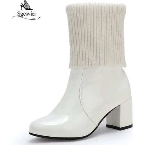 Sgesvier Ankle Boots Chunky High Heels Women Fashion Patent Leather Boots Black White Red Female Shoe Sexy Women Pumps B759
