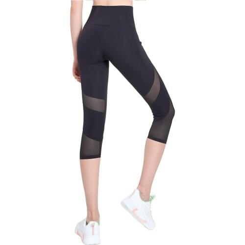 Sports Pants High Waist Pocket Leggings Mesh Splice Stretch Slim Yoga Running Pants Woman Fitness Workout Calf-Length Leggings