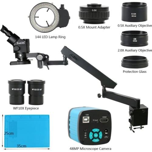 Simul Focal 3.5X-90X Zoom Trinocular Stereo Microscope+48MP 4K HDMI USB Video Camera+Articulating Arm Pillar Clamp Stand