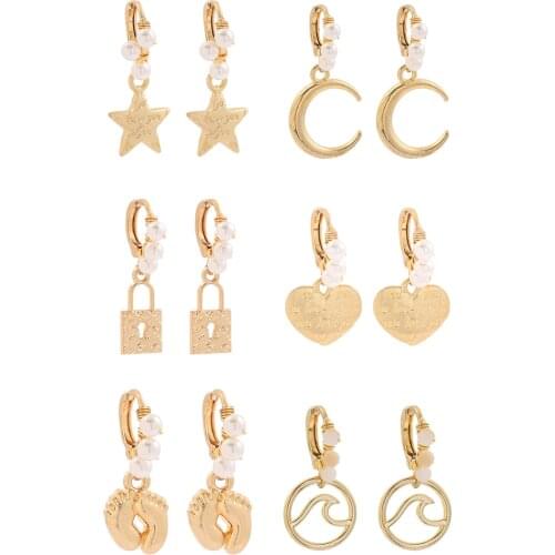 Bohemia Handmade Pearl Earrings Vintage Gold Moon Star Lock Footprint Wave Drop Earrings for Women Girls Party Jewelry Gift