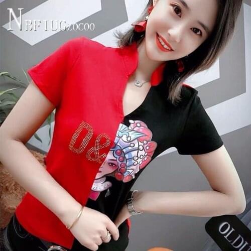 2020 New Fashion Patchwork V Neck Women T Shirt Chinese Style Female Tee Shirts