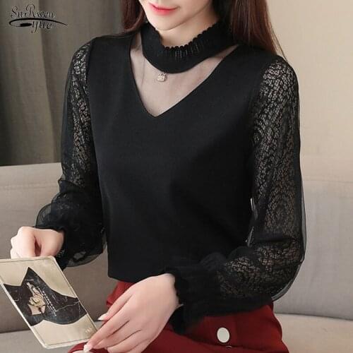 V-neck Woman Shirt Sexy Women Tops and Blouses 2021 Autumn Hollow Lace Top Long Sleeve Chiffon Blouse Office Lady Clothes 10545