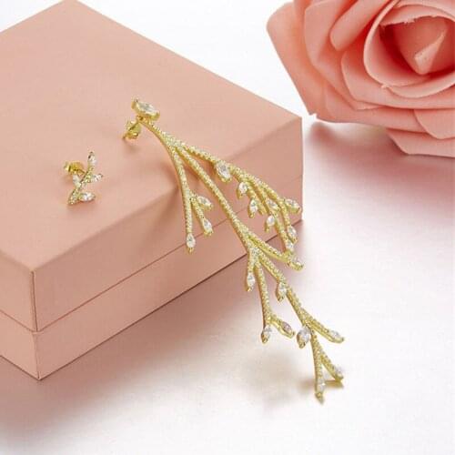 SLJELY Real 925 Sterling Silver 3 Gold Color Asymmetric Tree Branch Leaf AB Earrings Zirconia Stones Women Fashion Party Jewelry